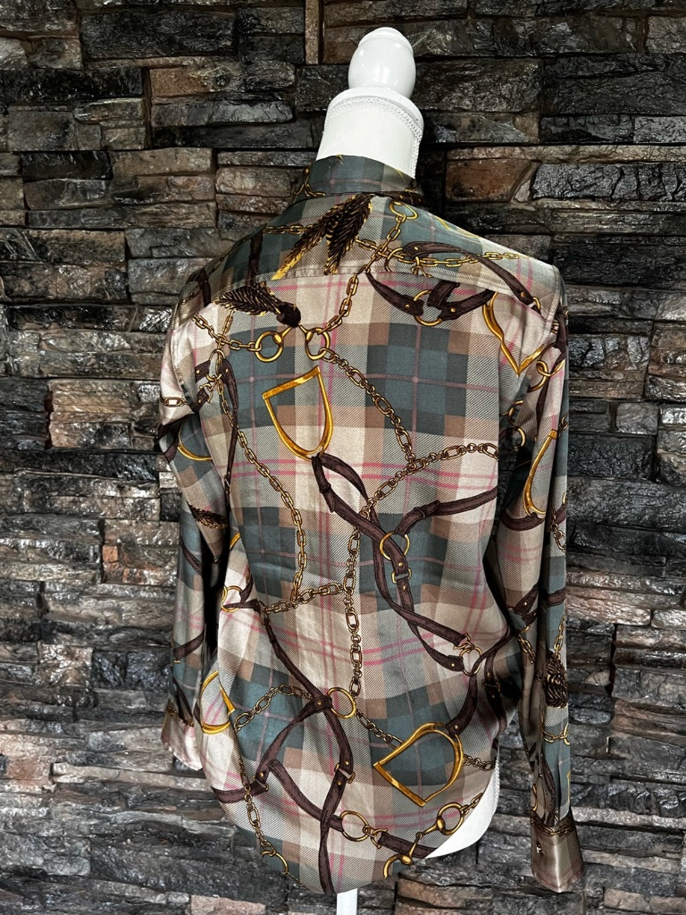 Lauren Ralph Lauren Brown & Green Plaid Chain-Print Long Sleeve Blouse - Picture 6 of 13